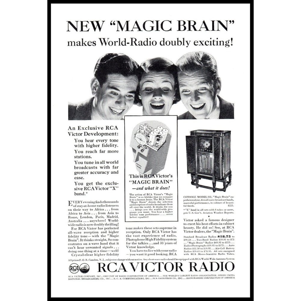 1934 RCA Victor Radio Vintage Print Ad Antique Console Radio Wall Art